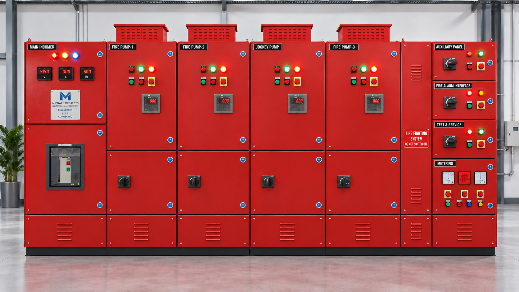 M-Power fire hydrant and fire pump control panel with meters and status indicators